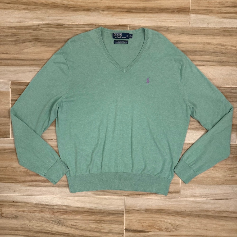 Polo Ralph Lauren Mint Green Cotton Silk Cashmere V-Neck Sweater Mens XL